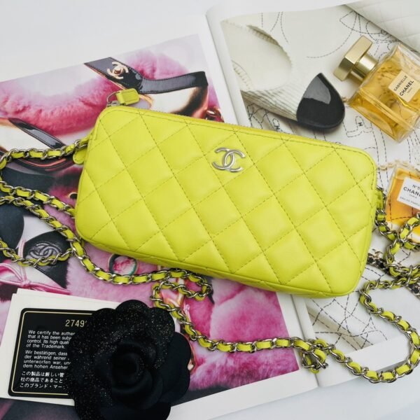 Chanel  單肩手機包 woc  檸檬黃銀扣 羊皮 二手